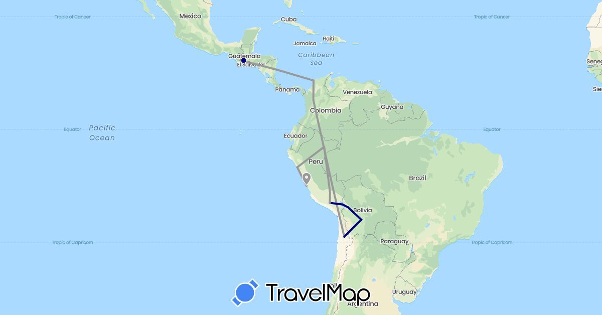 TravelMap itinerary: driving, plane in Bolivia, Chile, Colombia, Guatemala, Peru (North America, South America)